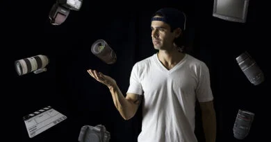 Homem no meio de vários equipamentos de vídeo flutuando ao redor
