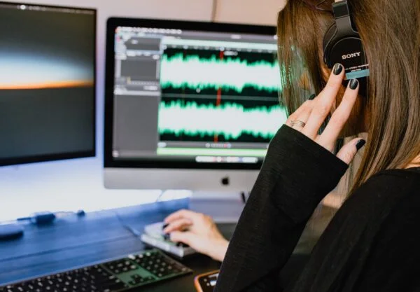 Mulher editando áudio em ilha de edição