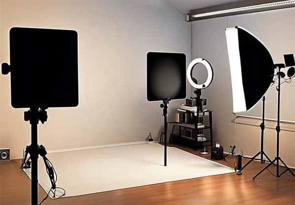 Pequeno estúdio caseiro de produção de vídeo com painéis de LED e um ring light