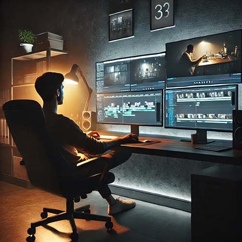 Editor de vídeo na sala de edição